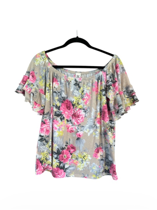 Sew In Love Tops - Sew In Love Beige Off-Shoulder Floral Flutter Sleeve Top with Pink Roses